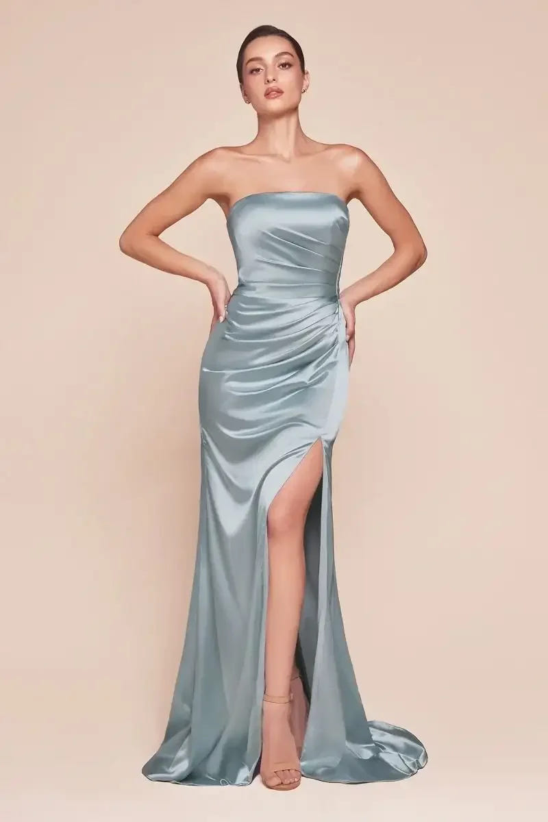 Nicolette Gown - Light Blue - STRAPLESS LUXE SATIN DRESS & SCARF