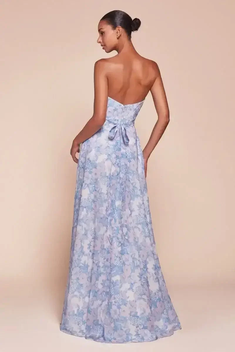 CASSIE GOWN - BLUE - STRAPLESS A-LINE FLORAL CHIFFON DRESS