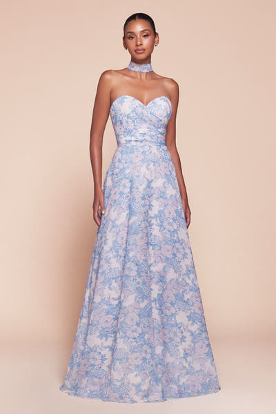 CASSIE GOWN - BLUE - STRAPLESS A-LINE FLORAL CHIFFON DRESS - FINAL SALE