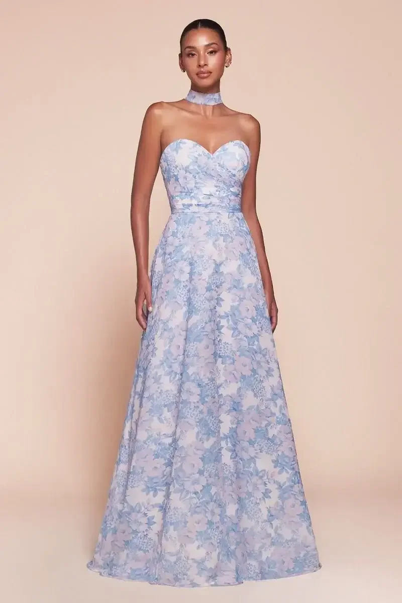 CASSIE GOWN - BLUE - STRAPLESS A-LINE FLORAL CHIFFON DRESS