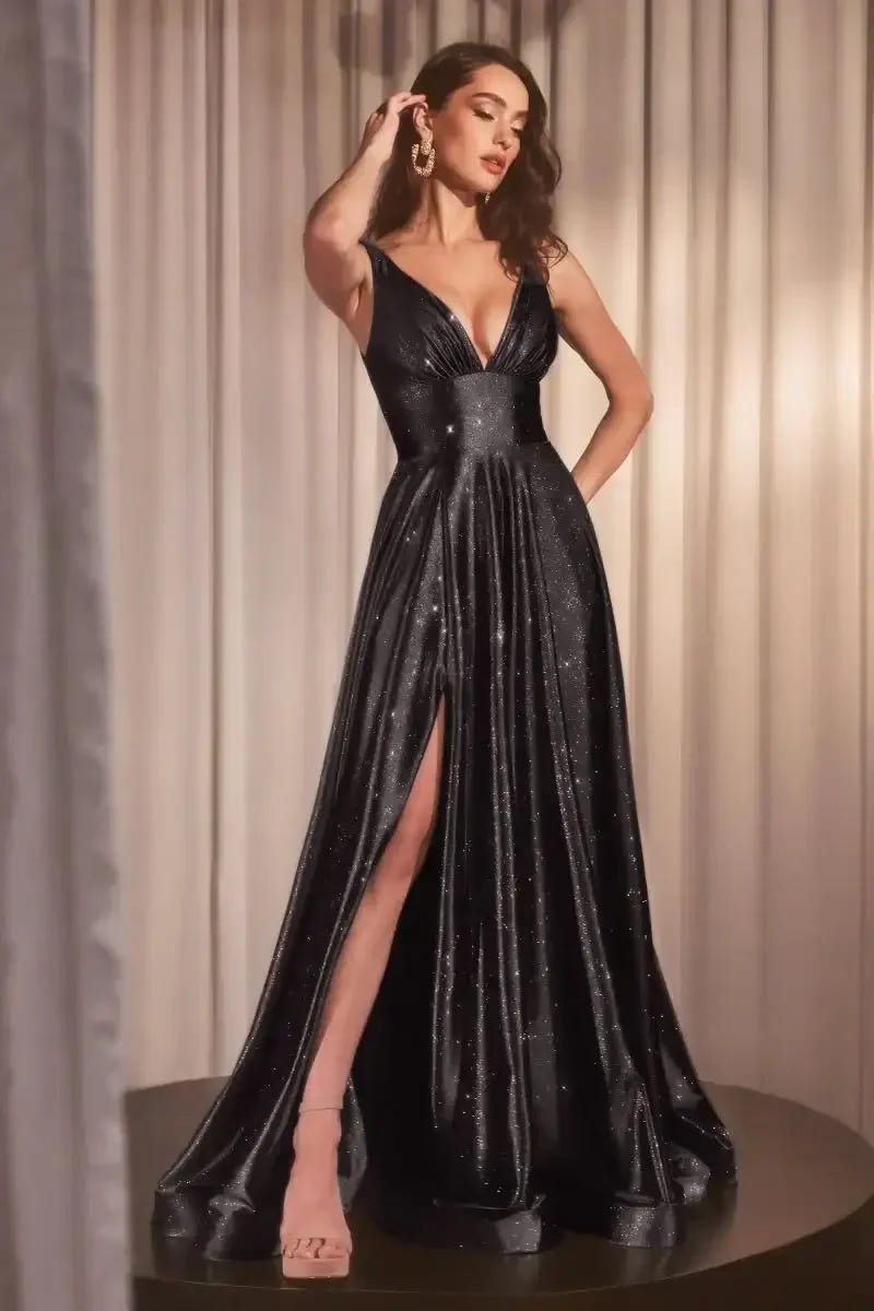 Cecily Gown - Black - GLIMMERING STRETCH SATIN A-LINE DRESS