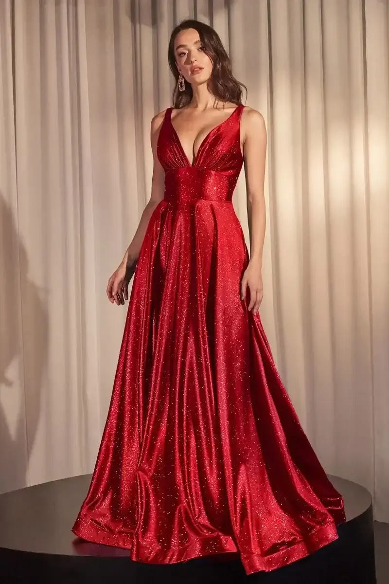 Cecily Gown - Red - GLIMMERING STRETCH SATIN A-LINE DRESS