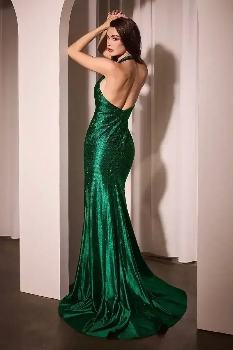 Chanelle Gown - Emerald - CRYSTAL ADORNED SATIN HALTER GOWN