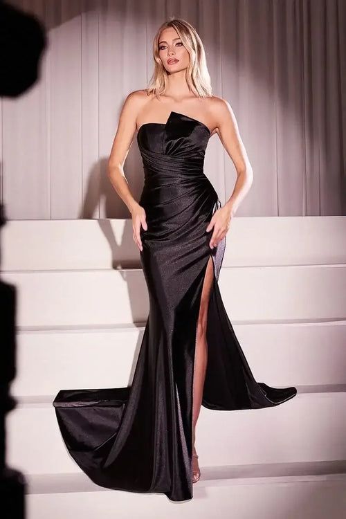 DEANNA GOWN - BLACK - ASYMMETRICAL STRAPLESS SATIN GOWN