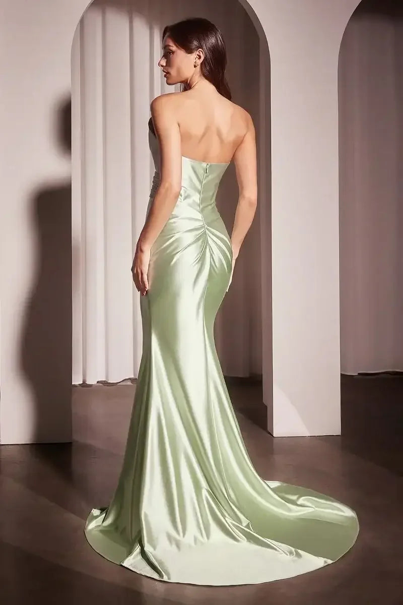 DEANNA GOWN - SAGE - ASYMMETRICAL STRAPLESS SATIN GOWN