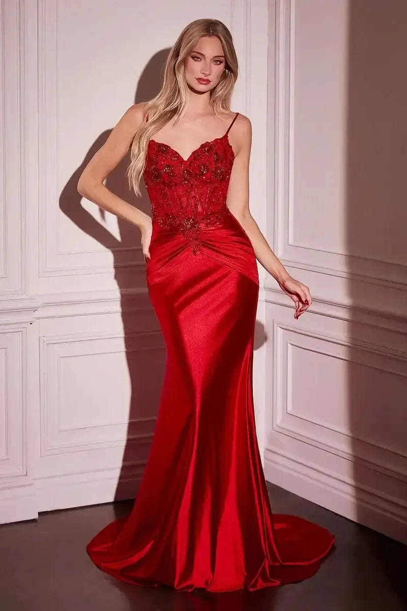 Della Gown - Red - FITTED SATIN & LACE EMBELLISHED GOWN
