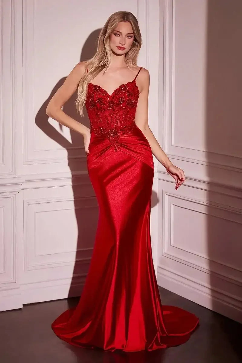 Della Gown - Red - FITTED SATIN & LACE EMBELLISHED GOWN