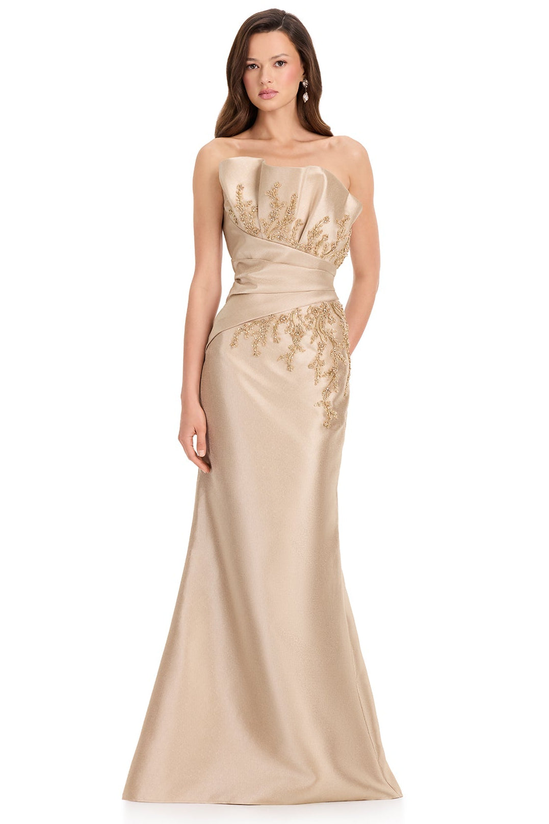 ASHLEYlauren E12361 Strapless Mikado Mermaid Gown in Gold | Lady Black Tie