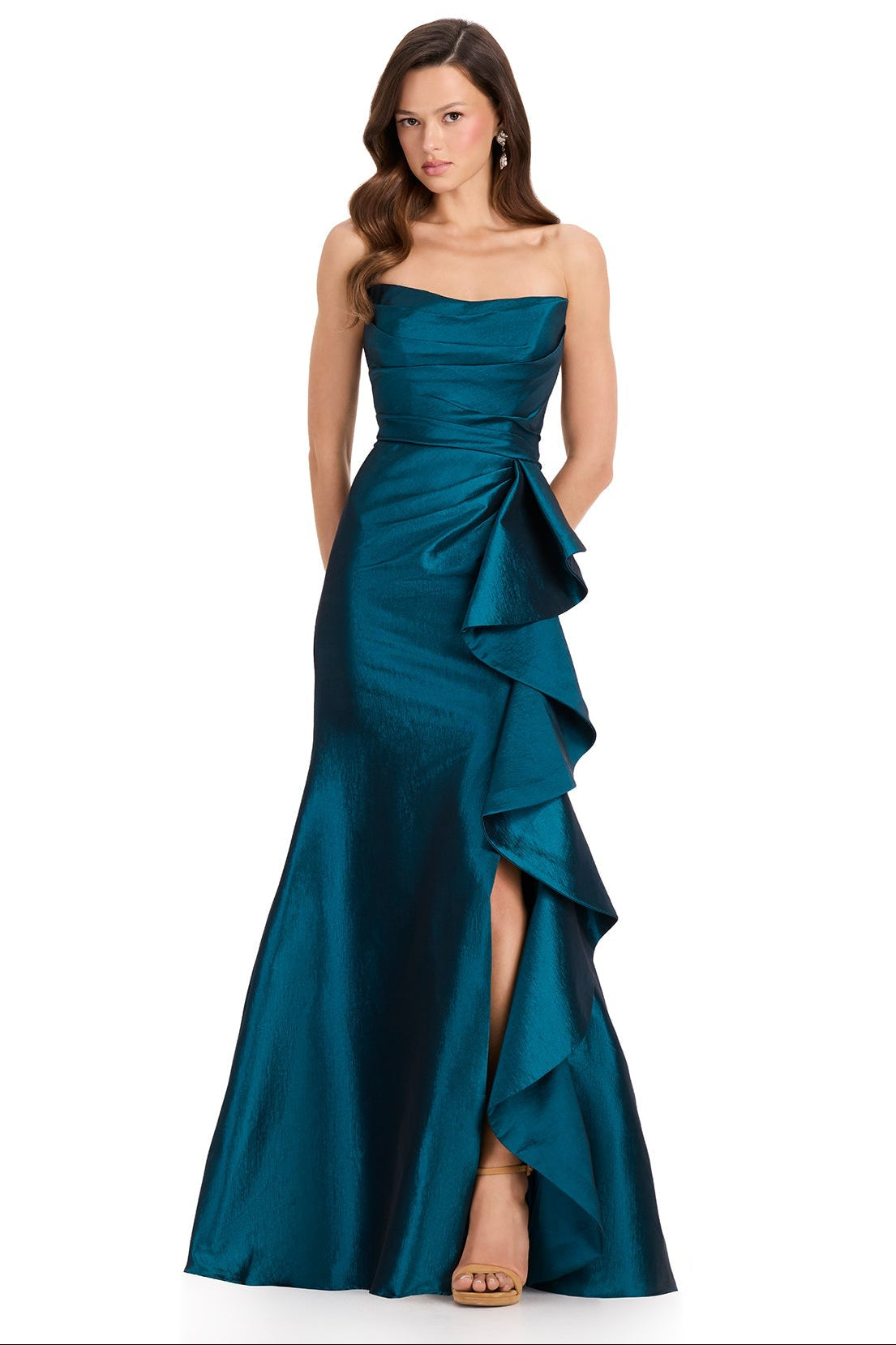 ASHLEYlauren E12368 Strapless Taffeta MOB Gown in Dark Teal | Lady Black Tie