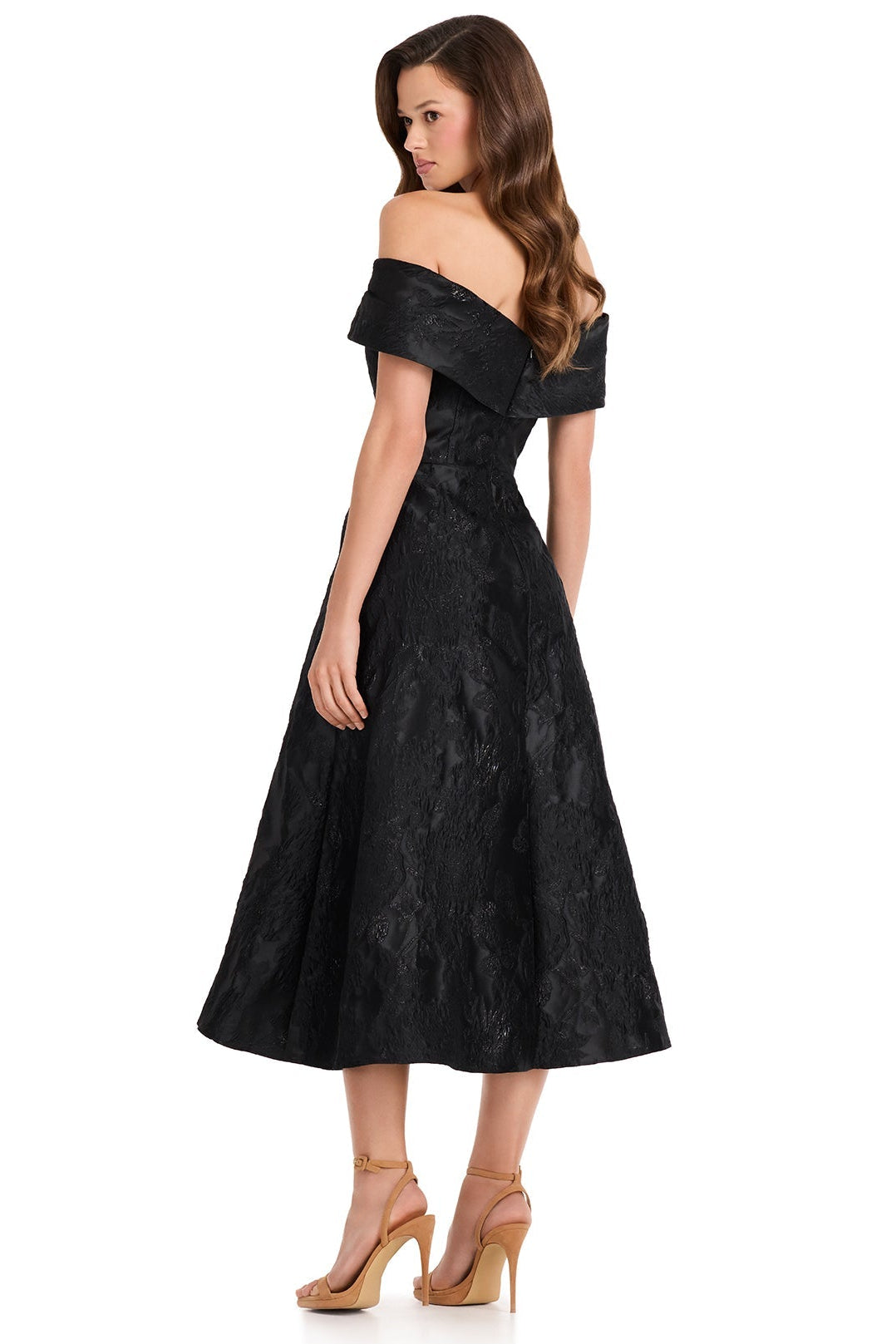ASHLEYlauren E40002 Black Brocade Tea-Length Dress | Lady Black Tie