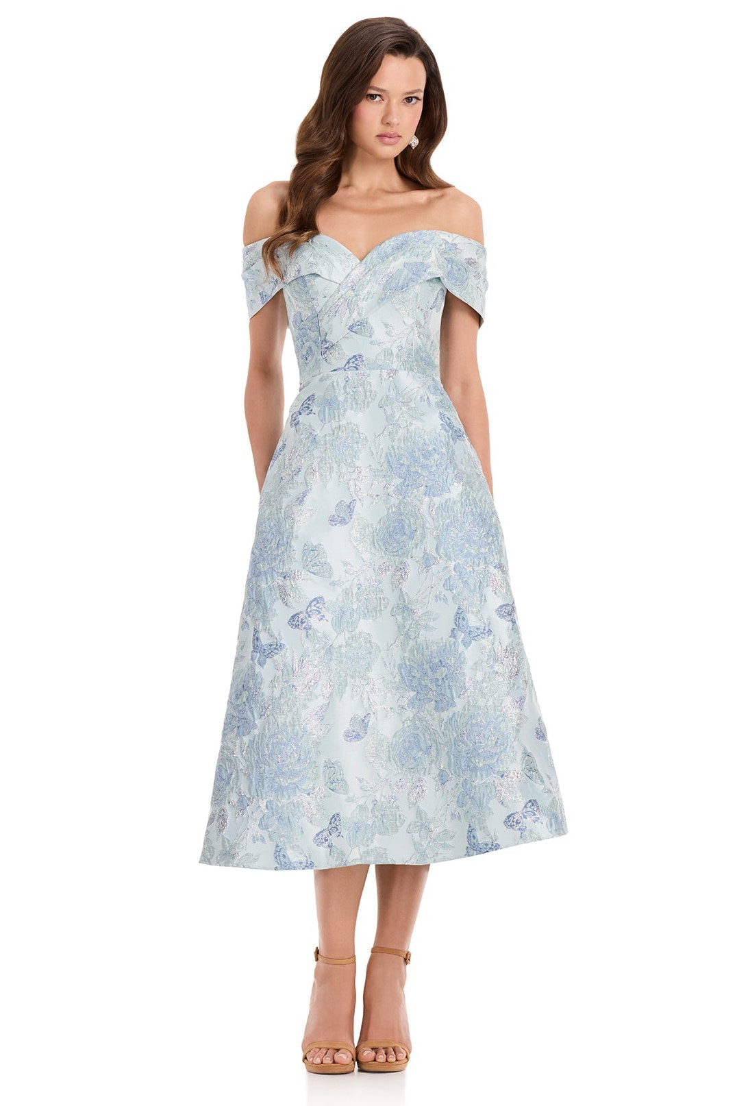 ASHLEYlauren E40002 Blue Brocade Tea-Length Dress | Lady Black Tie