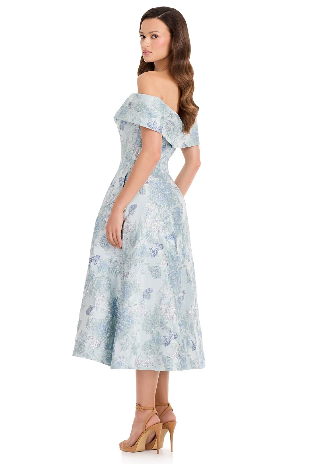 ASHLEYlauren E40002 Blue Brocade Tea-Length Dress | Lady Black Tie
