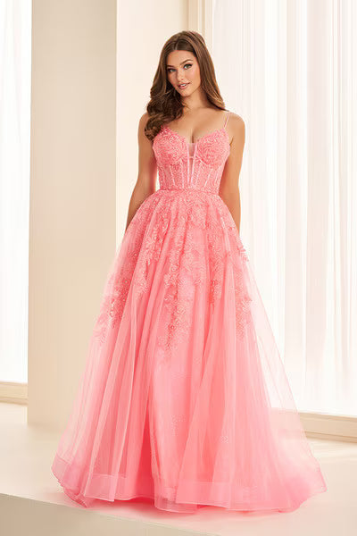Ellie Wilde EW34036 V-Neck Lace Tulle A-Line Gown in Coral | Lady Black Tie