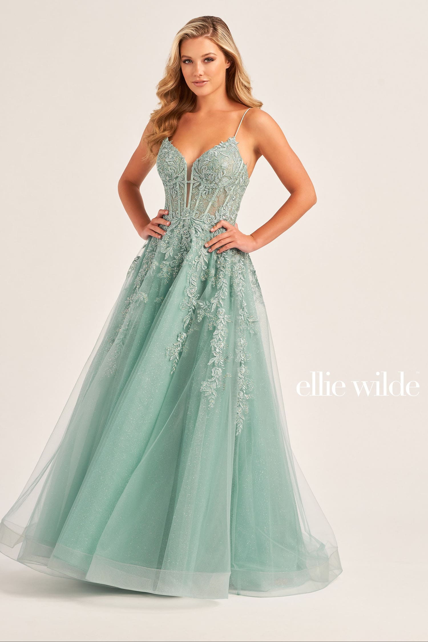 Woman wearing a light green evening gown with lace details on a white background, branded 'ellie wilde'.
