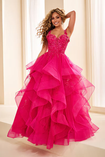 Ellie Wilde EW35084 Plunging Lace Tulle A-Line Gown in Magenta | Lady Black Tie
