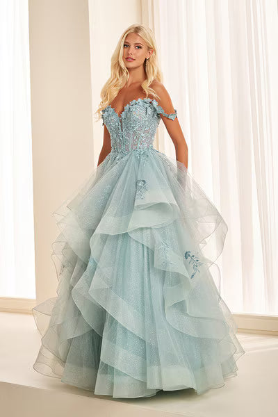 Ellie Wilde EW35084 Plunging Lace Tulle A-Line Gown in Sage | Lady Black Tie