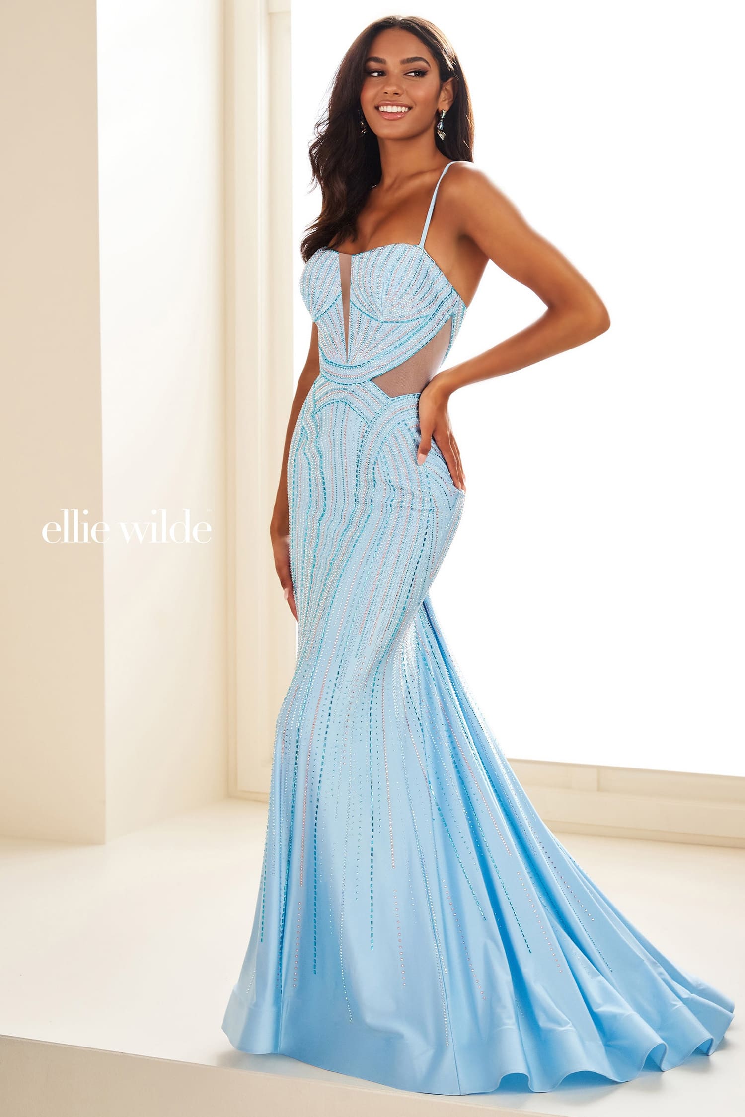 A woman modeling a light blue evening gown with a sweetheart neckline, sheer underbust panel, and vertical bead embellishments, posed in a bright indoor setting. The brand name 'ellie wilde' appears on the left side.
