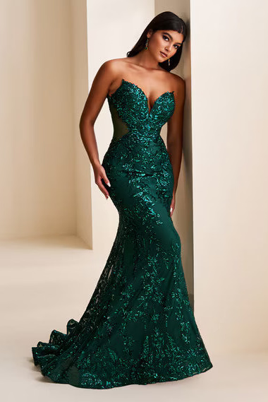 Ellie Wilde EW37042 Strapless Floral Sequin Mermaid Gown in Emerald | Lady Black Tie