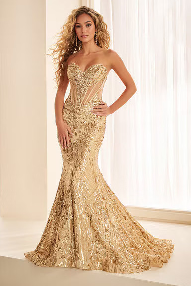 Ellie Wilde EW38013 Strapless Sequin Corset Mermaid Gown in Light Gold | Lady Black Tie