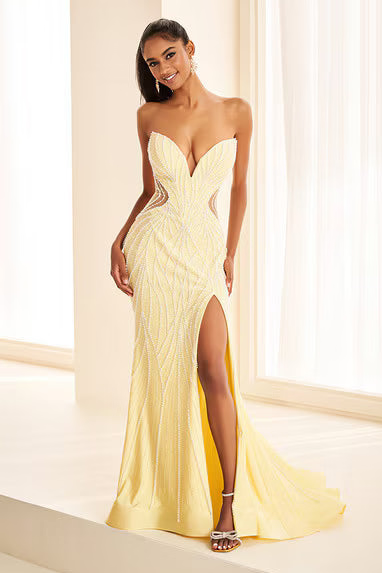 Ellie Wilde EW38017 Beaded Illusion Sweetheart Mermaid Gown in LT Yellow | Lady Black Tie