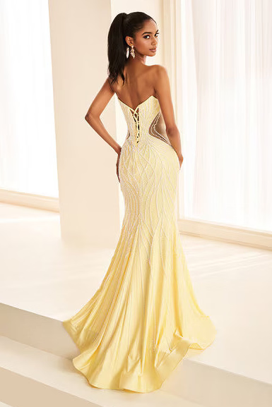Ellie Wilde EW38017 Beaded Illusion Sweetheart Mermaid Gown in LT Yellow, view 3 | Lady Black Tie