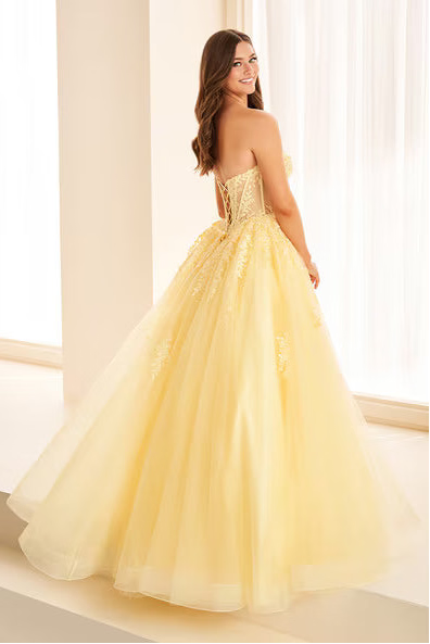 Ellie Wilde EW38018 Glitter Tulle Lace Ball Gown in LT Yellow, view 3 | Lady Black Tie