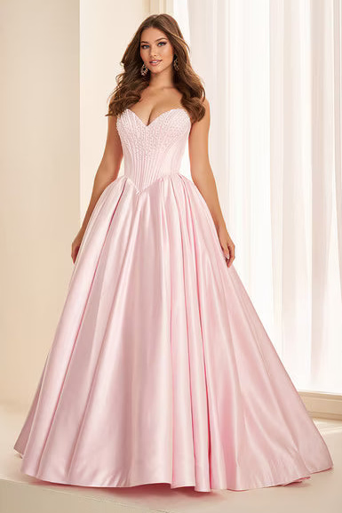 Ellie Wilde EW38020 Satin Ball Gown with Beaded Bodice in Light Pink | Lady Black Tie