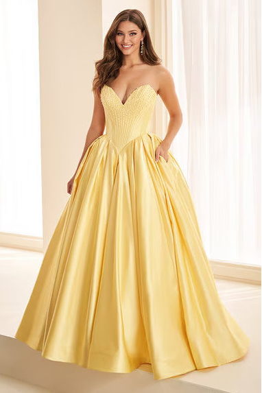 Ellie Wilde EW38020 Satin Ball Gown with Beaded Bodice in LT Yellow | Lady Black Tie