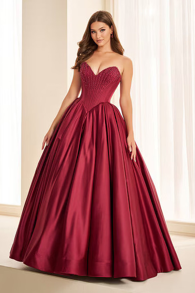 Ellie Wilde EW38020 Satin Ball Gown with Beaded Bodice in Wine | Lady Black Tie