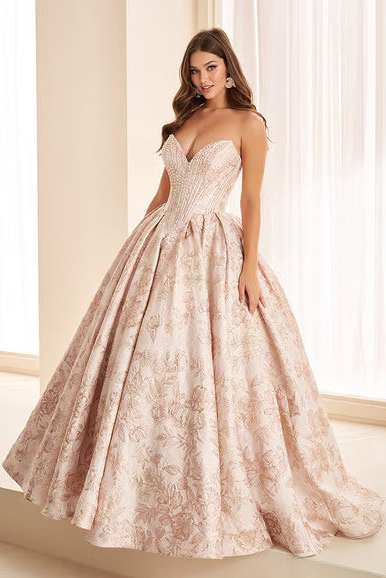Ellie Wilde EW38042 Embroidered Jacquard Ball Gown in Blush/LT Gold | Lady Black Tie