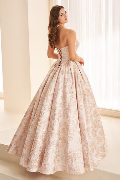 Ellie Wilde EW38042 Embroidered Jacquard Ball Gown in Blush/LT Gold, view 2 | Lady Black Tie