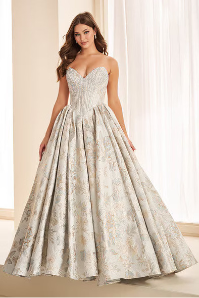 Ellie Wilde EW38042 Embroidered Jacquard Ball Gown in Dusty Blue/Light Gold | Lady Black Tie