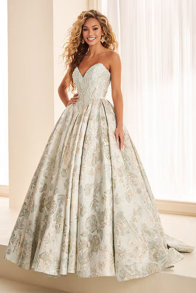 Ellie Wilde EW38042 Embroidered Jacquard Ball Gown in Sage/Light Gold | Lady Black Tie