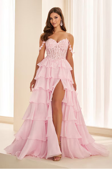 Ellie Wilde EW38093 Tiered Ruffle Chiffon Gown in Light Pink | Lady Black Tie