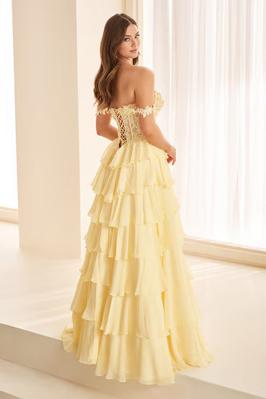 Ellie Wilde EW38093 Tiered Ruffle Chiffon Gown in LT Yellow, view 3 | Lady Black Tie