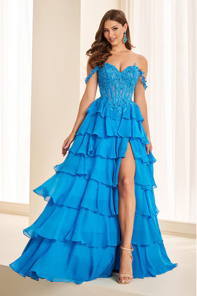 Ellie Wilde EW38093 Tiered Ruffle Chiffon Gown in Ocean Blue | Lady Black Tie