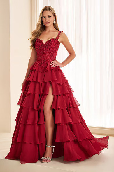 Ellie Wilde EW38093 Tiered Ruffle Chiffon Gown in Wine | Lady Black Tie
