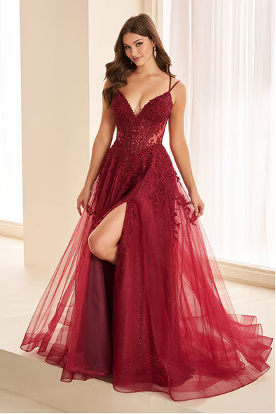 Ellie Wilde EW38097 Lace Appliqué Tulle A-Line Gown in Merlot | Lady Black Tie