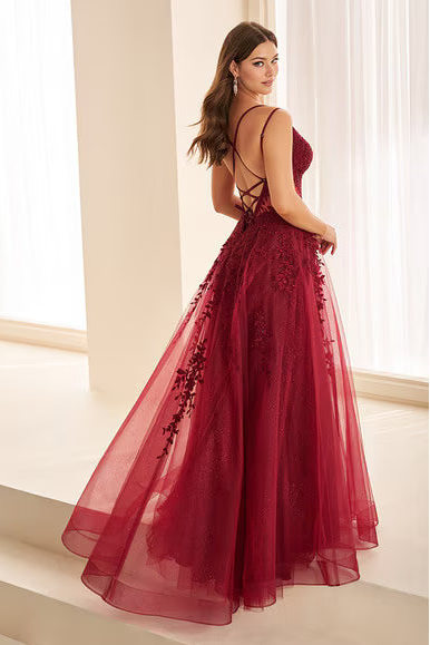 Ellie Wilde EW38097 Lace Appliqué Tulle A-Line Gown in Merlot, view 3 | Lady Black Tie