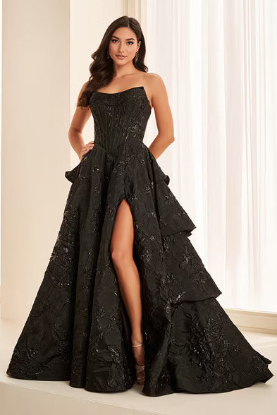 Ellie Wilde EW38098 Strapless Floral Jacquard A-Line Gown in Black | Lady Black Tie