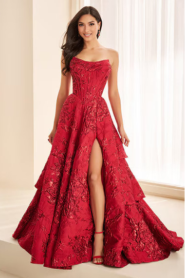 Ellie Wilde EW38098 Strapless Floral Jacquard A-Line Gown in Red | Lady Black Tie