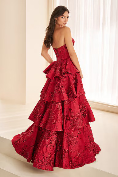 Ellie Wilde EW38098 Strapless Floral Jacquard A-Line Gown in Red, view 3 | Lady Black Tie