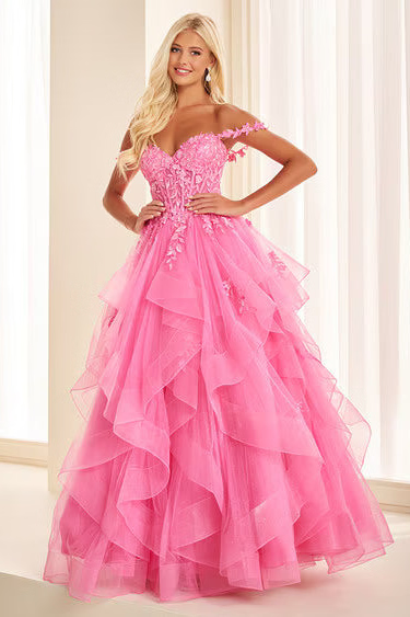 Ellie Wilde EW38220 Off-Shoulder Lace Tulle Ball Gown in Hot Pink | Lady Black Tie