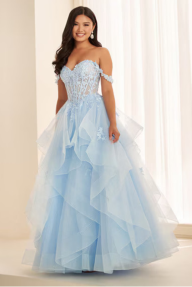 Ellie Wilde EW38220 Off-Shoulder Lace Tulle Ball Gown in LT Blue | Lady Black Tie