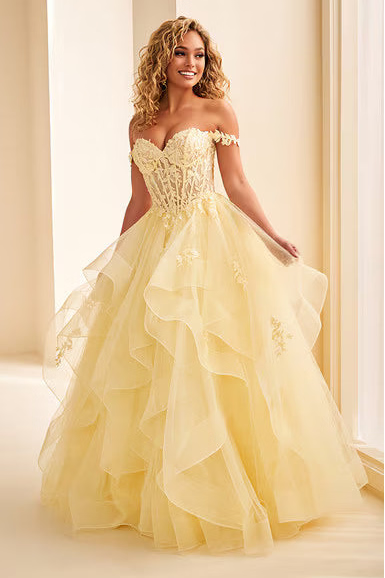 Ellie Wilde EW38220 Off-Shoulder Lace Tulle Ball Gown in LT Yellow | Lady Black Tie