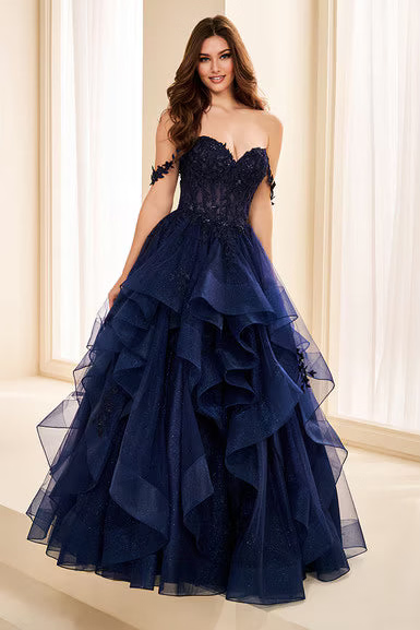 Ellie Wilde EW38220 Off-Shoulder Lace Tulle Ball Gown in Navy | Lady Black Tie