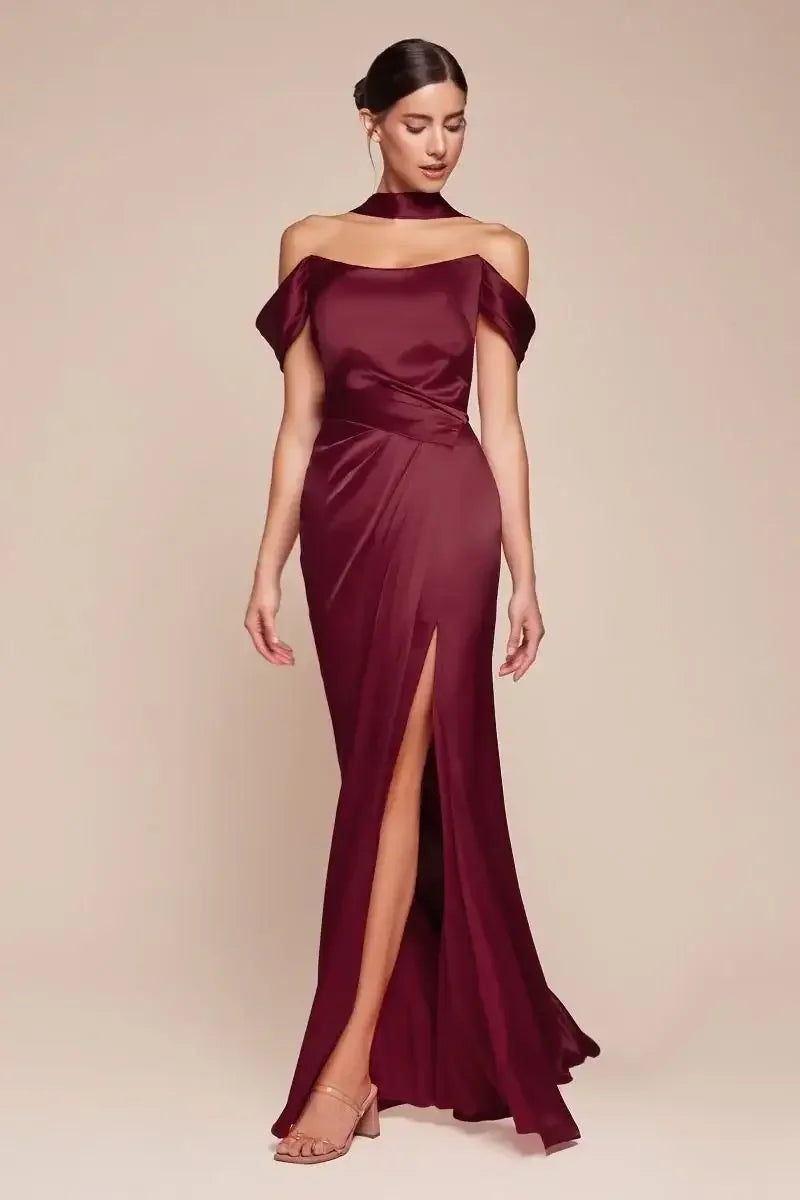 Emerson Gown - Burgundy - OFF THE SHOULDER LACE UP CORSET LUXE SATIN GOWN