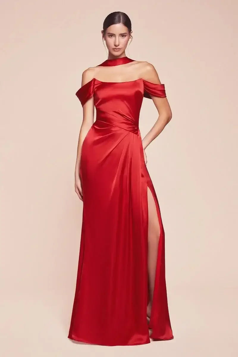 Emerson Gown - Red - OFF THE SHOULDER LACE UP CORSET LUXE SATIN GOWN