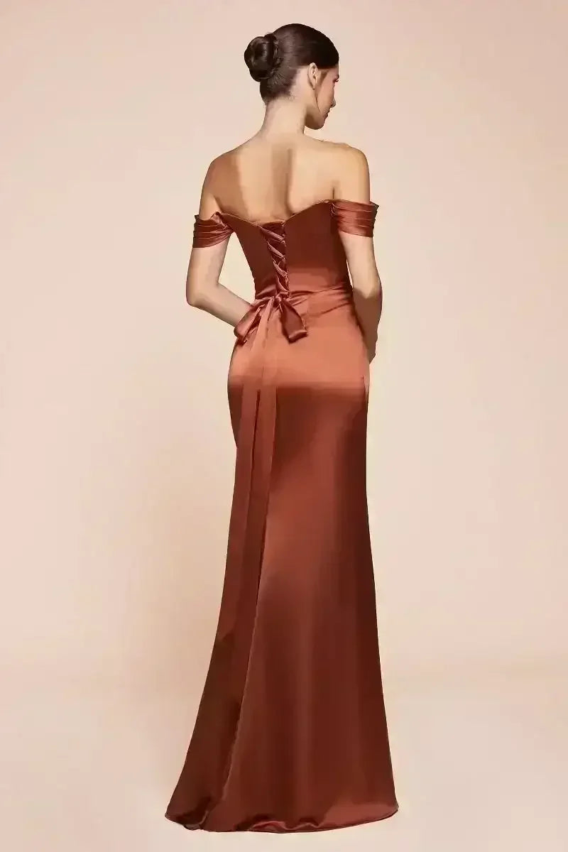 Emerson Gown - Burgundy - OFF THE SHOULDER LACE UP CORSET LUXE SATIN GOWN