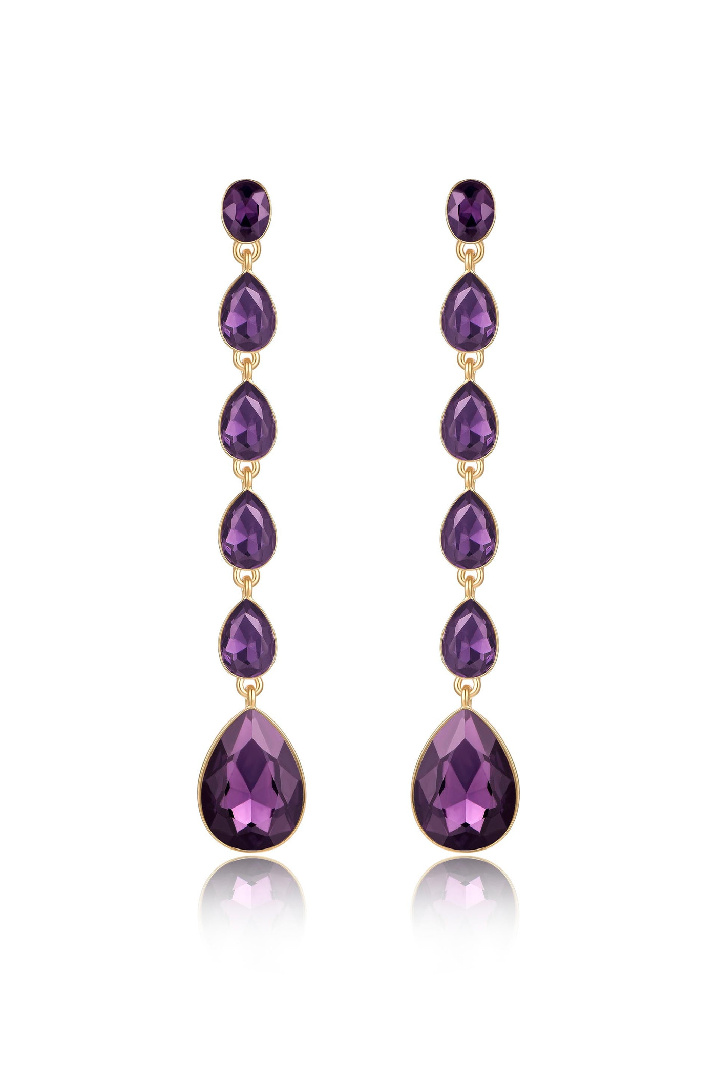 Elegant purple earrings feature a series of teardrop-shaped gemstones in varying sizes, suspended vertically from a circular post. The setting is gold, reflecting light with a slight sheen.